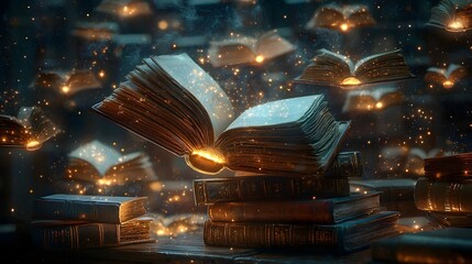 Poster - Magical Library of Floating Books Igniting Curiosity and