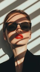 Wall Mural - A stylish woman in sunglasses poses against a striped backdrop, showcasing a bold lip color and striking shadows.