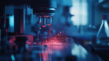 Poster - Futuristic Laboratory with Advanced Microscope and Colorful Particles Floating in Air, Focused on Scientific Research and Innovation in Modern Science Environment