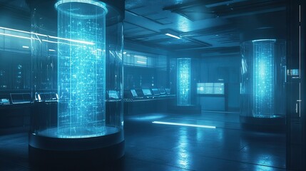 Poster - Futuristic Laboratory with Holographic Displays and Advanced Technology Showcasing Data Visualization in a High-Tech Environment