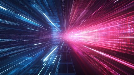 Poster - Dynamic Abstract Visual of Light Rays and Data Streams in Red and Blue Colors Representing Digital Technology and Virtual Reality Concepts