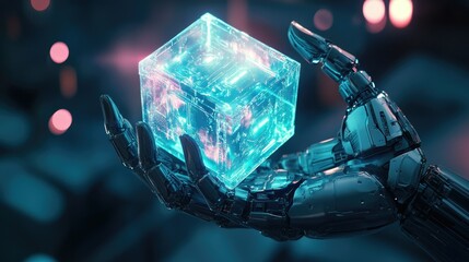 Poster - Futuristic Robot Hand Holding a Glowing Transparent Cube with Colorful Lights in a High-Tech Environment, Representing Technology and Innovation