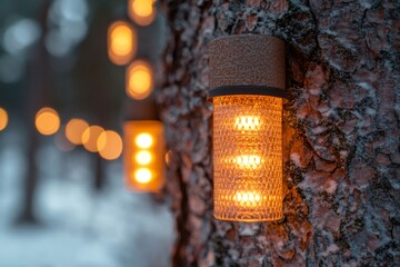 Wall Mural - glowing string lights hanging on snowy tree trunks creating a magical winter wonderland