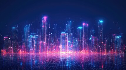 Poster - Futuristic Cityscape with Neon Lights and Digital Elements Representing Advanced Technology, Urban Innovation, and Urban Development in a Virtual Space