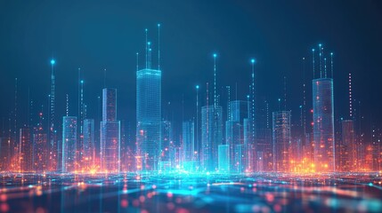 Poster - Futuristic Digital Cityscape with Neon Lights and Futuristic Skyscrapers Representing Advanced Technology and Urban Development in Vibrant Colors