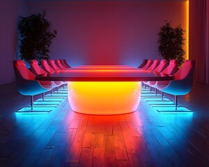 Poster - Glowing Meeting Table with Diverse Participants Representing Fairness in Profit Sharing Business Equity Concept
