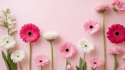 Delicate pink gerbera daisies bloom in a vibrant summer garden, showcasing the beauty of nature's colorful floral display