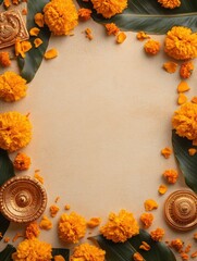 Sticker - Onam intagram post background with onam ornaments pookolam and marigold garland with empty beige blank space in the middle 