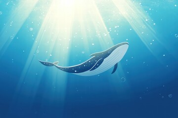 Poster - Majestic blue whale swimming gracefully in the deep ocean illuminated by sun rays during a serene underwater moment. Generative AI