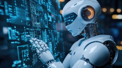 Poster - Futuristic Robot Analyzing Data with Digital Interface Displaying Complex Technology and Blue Light Elements in a High-Tech Environment