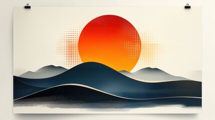 Wall Mural - Red sun over blue mountains, minimal design.