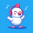 © lestari - Cheerful chick listening to music on headphones, dancing on blue background with notes, for media