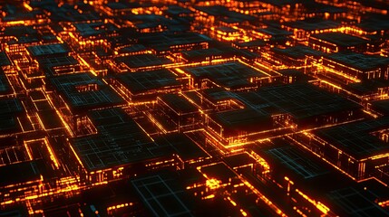 Poster - Abstract futuristic digital landscape with glowing orange lines and geometric patterns representing advanced technology and data visualization in a cybernetic environment
