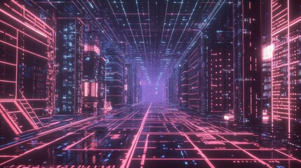 Poster - Futuristic Neon Cityscape with Glowing Lines and Digital Structures Representing Advanced Technology and Virtual Reality Environment