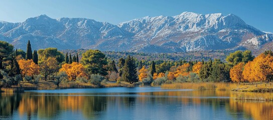 Wall Mural - Autumn lake, snow-capped mountains, calm water, colorful trees, scenic view