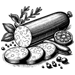 Wall Mural - sliced salami engraving sketch raster illustration