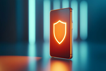 Aufkleber - A smartphone displays a glowing shield icon, symbolizing digital security and protection in a modern, illuminated setting.