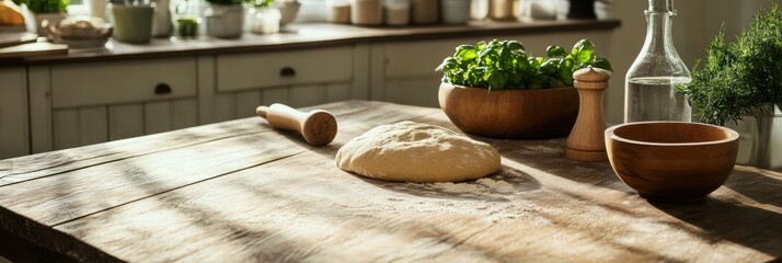 Poster - Fresh ingredients and rustic charm create an inviting kitchen atmosphere for baking and cooking. Generative AI