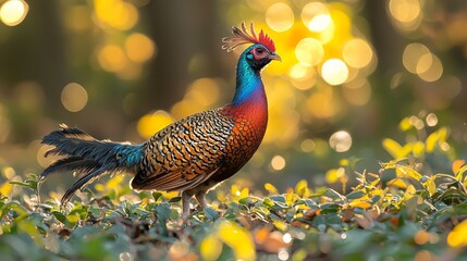 Wall Mural - Colorful pheasant in forest bokeh, sunrise