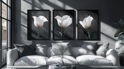 Poster - Room with tulip art and white couch.