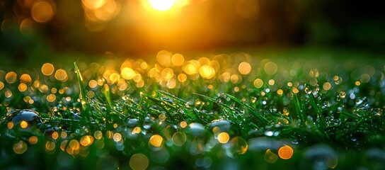 Wall Mural - Dew-kissed grass at sunrise, bokeh background. Nature wallpaper