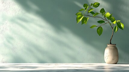 Canvas Print - Green plant in vase on white surface against teal wall with sunlight.