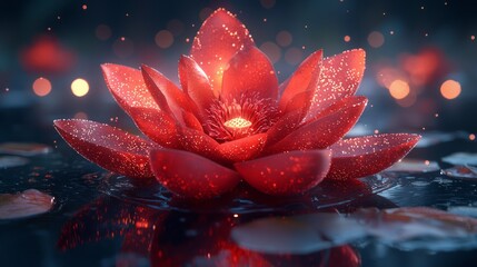 Wall Mural - Glowing red lotus flower on dark water, bokeh background; spiritual, serene scene