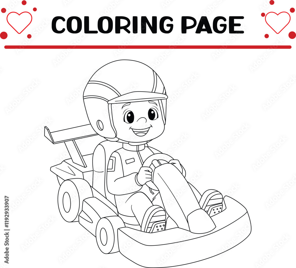little boy driving racing car coloring page for kids Stock Vector ...