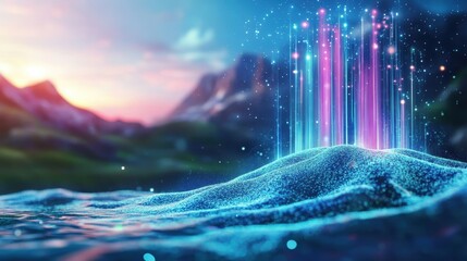 Wall Mural - A holographic data lake with glowing encrypted zones filtering misinformation streams,cyber purity concept,futuristic art