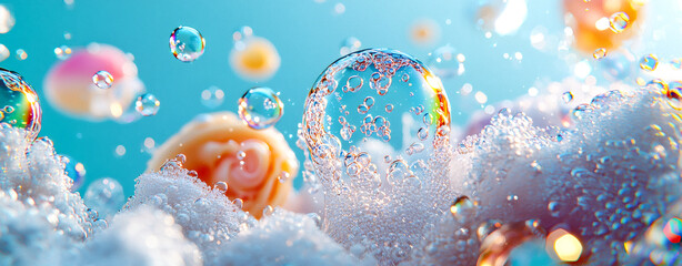 Wall Mural - Delicate soap bubbles float above soft, frothy surface, creating whimsical and colorful scene. vibrant background enhances playful atmosphere of this enchanting moment