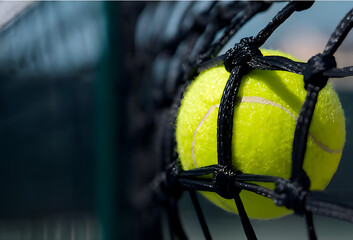 Tennis ball in the black net,tennis balls on court,tennis ball in net
