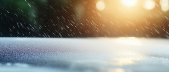 Poster - Rain drops on surface with sunset background highlighting natural beauty and serene atmosphere