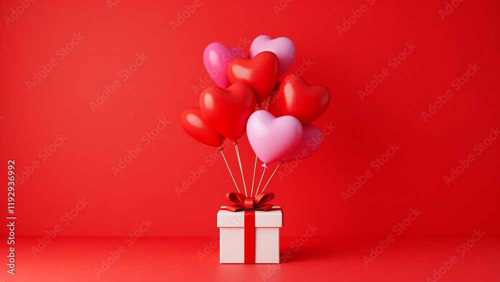 balloon heart shape red and white with gift box on red background ...