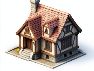 Isometric classic house in a casual game style isolated on a white background and with a soft render