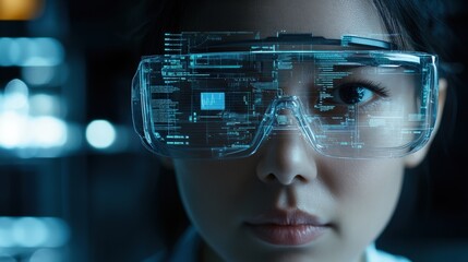 Poster - Close-up of a Female Scientist Wearing Augmented Reality Glasses with Digital Interface Displaying Data and Information in a High-Tech Laboratory Environment