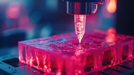 Poster - Close-up of Advanced Resin Printer Creating Vibrant Pink Object in High-Tech Laboratory Environment with Play of Light and Shadows