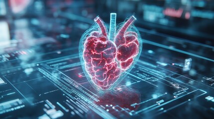 Poster - Futuristic Digital Heart Visualization with Neon Glow and Technological Elements for Health and Science Concepts
