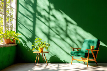 Sticker - bright interior with green wall, cozy chair, and potted plants creates refreshing atmosphere. Sunlight casts beautiful shadows, enhancing serene environment