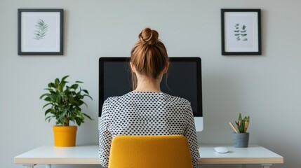 Poster - Office worker sitting at desk using computer in modern minimalist office