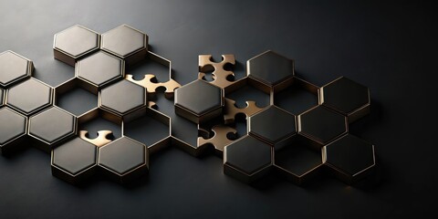 Leinwandbilder - Abstract Hexagon Puzzle  Metallic Gold and Black Geometric Pattern