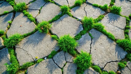 Poster - Stone Pavement with Lush Green Grass Growing Through Cracks
