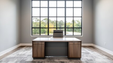 Poster - Modern office desk placed near large window overlooking trees