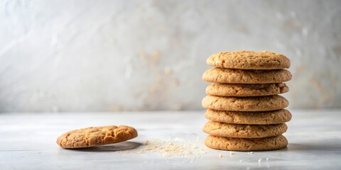 Poster - A delicious stack of golden brown oatmeal cookies, one cookie rests separately on a light grey surface