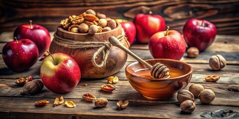 Poster - Rustic Still Life Featuring Honey, Apples, and Mixed Nuts in Wooden Bowls on a Weathered Wooden Table