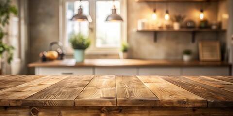 Poster - Rustic Wooden Tabletop in a Warm and Inviting Kitchen Setting