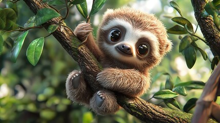 Wall Mural - Adorable baby sloth clinging to a tree branch in a lush green rainforest.