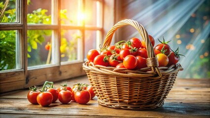 Sticker - A wicker basket brimming with freshly harvested red tomatoes sits on a rustic wooden surface near a sunlit window.