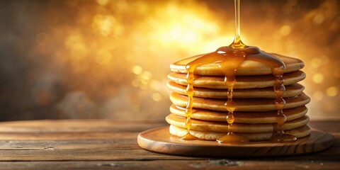 Aufkleber - A stack of golden pancakes drenched in sweet syrup sits on a rustic wooden surface against a warm, bokeh background.