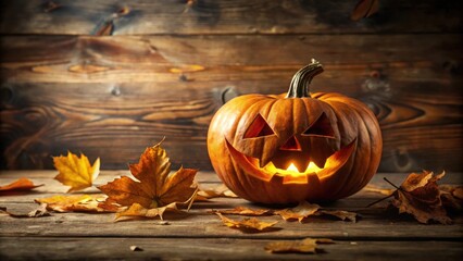 Poster - Illuminated Jack-o'-lantern with autumn leaves on rustic wood