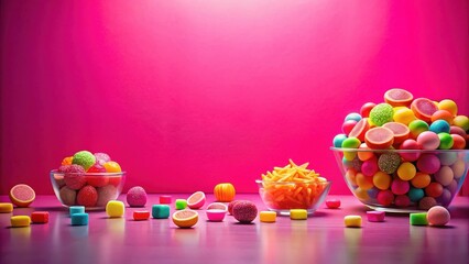 Poster - A vibrant assortment of colorful candies in glass bowls against a bold pink backdrop